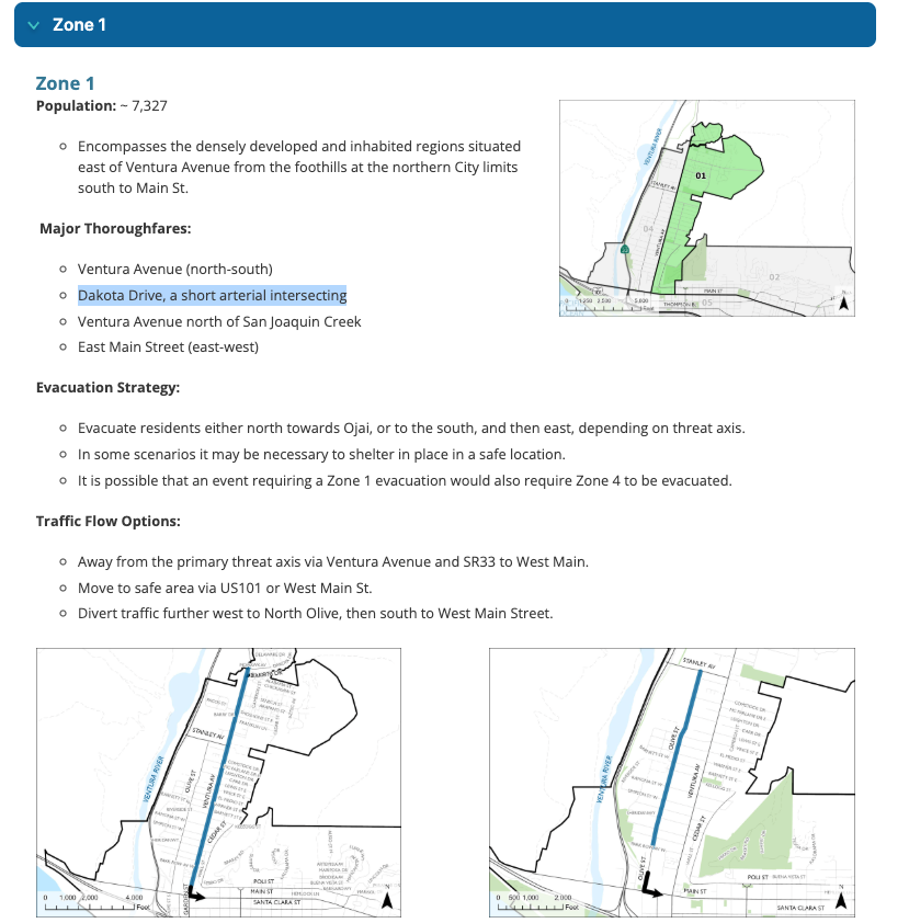 City of Ventura Emergency Evacuation Plan excerpt for Zone 1, listing Dakota Drive as a major thoroughfare and describing evacuation strategy and traffic flow options.